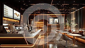 Luxury Coffee Shop Interior Design: Modern Cafe with Warm Lighting and Elegant Ambiance photo