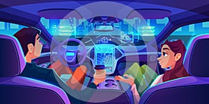 Futuristic car on autopilot, driving and resting
