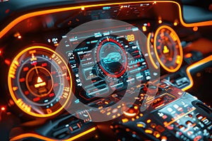Futuristic Car Dashboard Interface: Neon Orange and Blue Lights