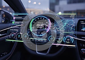 Futuristic car dashboard with a transparent digital display. The heads-up interface features a