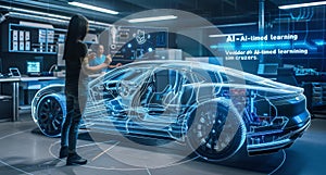 A futuristic car design and engineering using AI technology in a high-tech lab