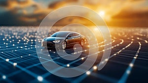 Futuristic Car on Digital Grid at Sunset