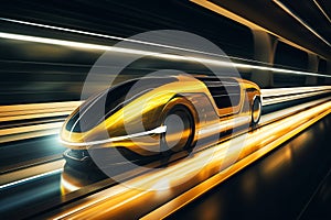 Futuristic car drives at high speed through a tunnel with motion blur trace background