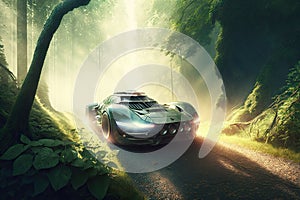 futuristic car driving through lush forest, with the sunlight shining through the trees