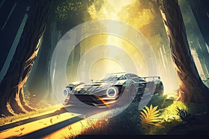 futuristic car driving through lush forest, with the sunlight shining through the trees