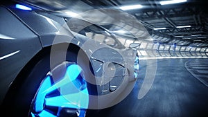 Futuristic car fast driving in sci fi tunnel, coridor. Concept of future. Realistic 4k animation.