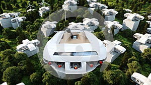 Futuristic car flying over the city, landscape. Transport of the future. Aerial view. 3d rendering.