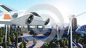 Futuristic car flying over the city, town. Transport of the future. Aerial view. 3d rendering.