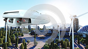 Futuristic car flying over the city, town. Transport of the future. Aerial view. 3d rendering.