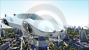 Futuristic car flying over the city, town. Transport of the future. Aerial view. 3d rendering.