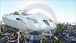 Futuristic car flying over the city, town. Transport of the future. Aerial view. 3d rendering.