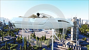 Futuristic car flying over the city, town. Transport of the future. Aerial view. 3d rendering.
