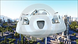 Futuristic car flying over the city, town. Transport of the future. Aerial view. 3d rendering.