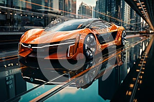 futuristic car on a glossy road in a tunnel with transparent walls, transport of the future, city streets