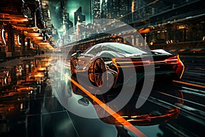 futuristic car on a glossy road in a tunnel with transparent walls, transport of the future, city streets