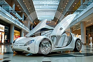 Futuristic car with gull-wing doors at mall