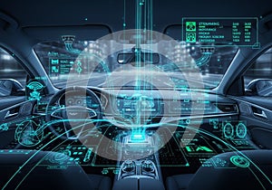 Futuristic car interior with augmented reality technology interface