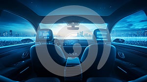 Futuristic car interior with digital dashboard