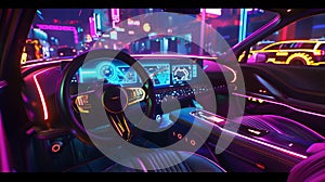 Futuristic Car Interior with Neon Lighting. Generative ai