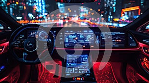 Futuristic car interior at night. Illuminated dashboard, infotainment system, and steering wheel, showcasing advanced technology. photo