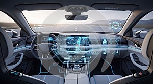 Futuristic car interior showcasing advanced technology and digital display while driving fast
