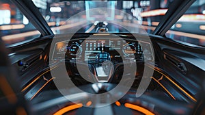 Futuristic car interior showcasing high tech dashboard and holographic controls for innovation