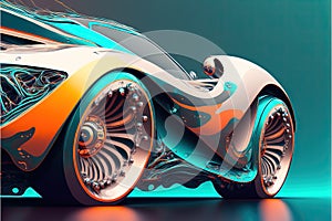 a futuristic car with a large engine and a large wheel rims is shown in this image, with a blue background and a green back