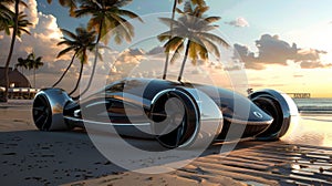 Futuristic Car Parked on Beach