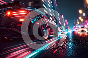 Futuristic car on the road with motion blur background. 3d rendering