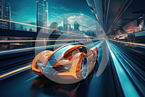 Futuristic car on the road with motion blur background. 3d rendering, AI Generated