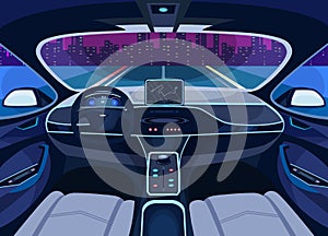 Futuristic car salon with GPS, autopilot vehicle