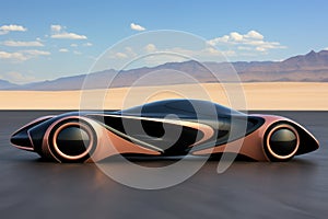 A futuristic car is shown on a desert plain. AI.