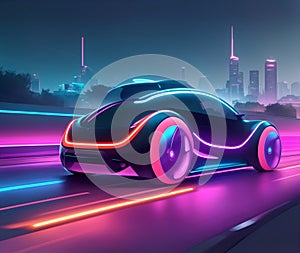 futuristic car speeding through a city road, accented with neon colors. Ideal for transportation, futuristic, and urban concepts