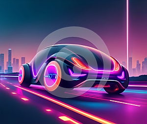 futuristic car speeding through a city road, accented with neon colors. Ideal for transportation, futuristic, and urban concepts