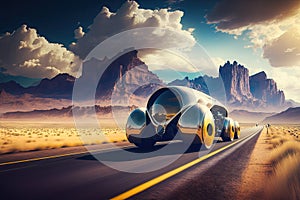 futuristic car speeding down a highway with mountains on the horizon