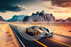 futuristic car speeding down a highway with mountains on the horizon