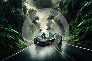 futuristic car speeding down winding road in lush rainforest, with stormclouds overhead