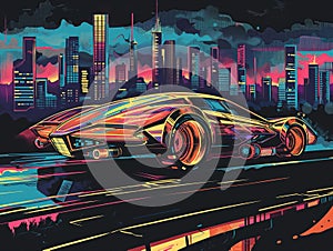 Futuristic Car Speeding Through Neon Cityscape