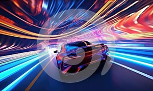 Futuristic car speeding through neon-lit tunnel. Created with AI