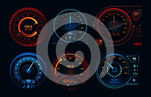 Futuristic car speedometer. Speed hud kilometer performance indicators dashboard, gas and fuel level analog panels