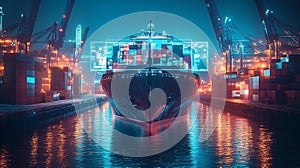 Futuristic Cargo Ship Docked in Neon Lit Harbor with Interactive Holographic Logistics Analytics