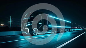 Futuristic cargo truck illuminated, showcases advanced logistics technology, Ai Generated