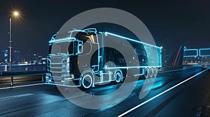 Futuristic cargo truck illuminated, showcases advanced logistics technology, Ai Generated