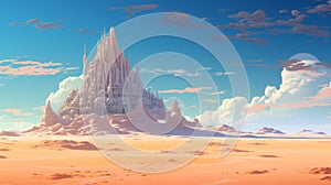 Futuristic Castle In Desert: Animation Style Wallpaper Inspired By Moebius