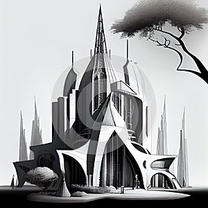 A Futuristic Castle in a Somber and Evocative Setting - A sense of Gloom, Sadness, or Foreboding