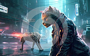 Futuristic cat cyborg with neon cybernetics.