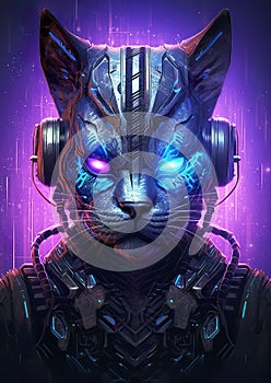 Futuristic cat with neon cybernetics.