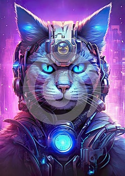 Futuristic cat with neon cybernetics. Biotech cat with augmented reality.