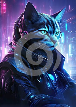 Futuristic cat with neon cybernetics. Biotech cat with augmented reality.