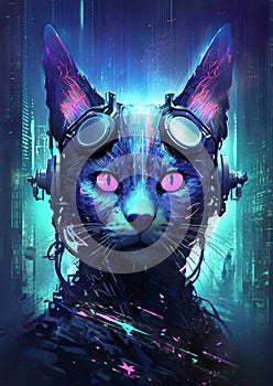 Futuristic cat with neon cybernetics. Biotech cat with augmented reality.